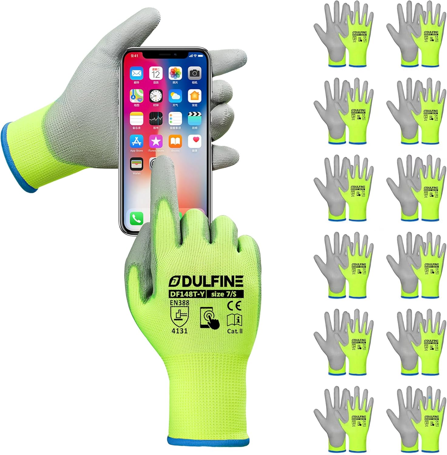 Safety Work Gloves PU Coated for Men and Women-12 Pairs,Hi-Vis Yellow Seamless Knit Glove with Two Fingers Touchscreen,Ideal for General Duty Work (Small)