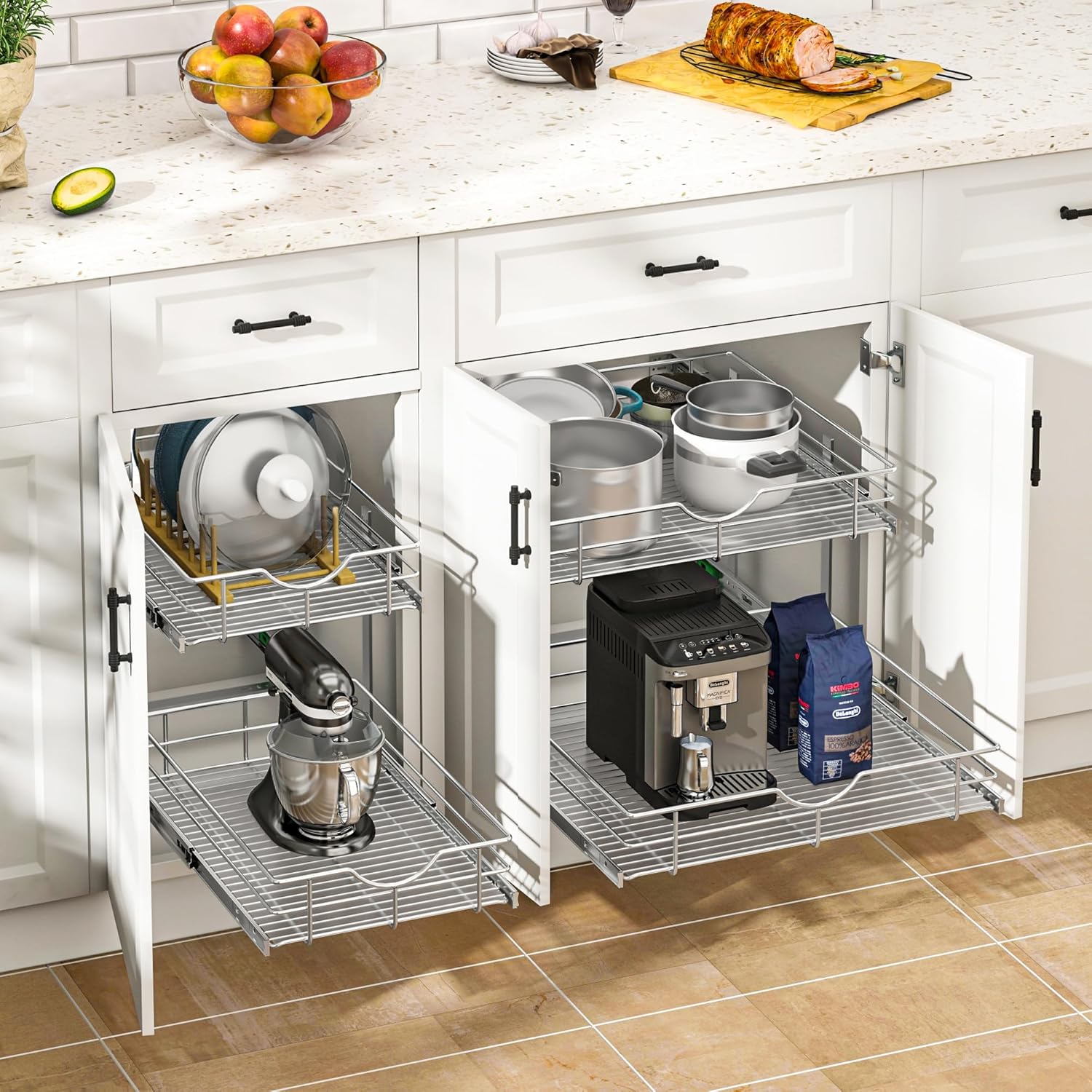 WelFurGeer 2-Tier Kitchen Cabinet Pullout Shelf and Drawer Organizer, Soft Close Pantry Pull Out Shelves, Heavy Duty Pull Out Cabinet Organizer with Shelf Liner for Kitchen Cabinets, Pantry Storage