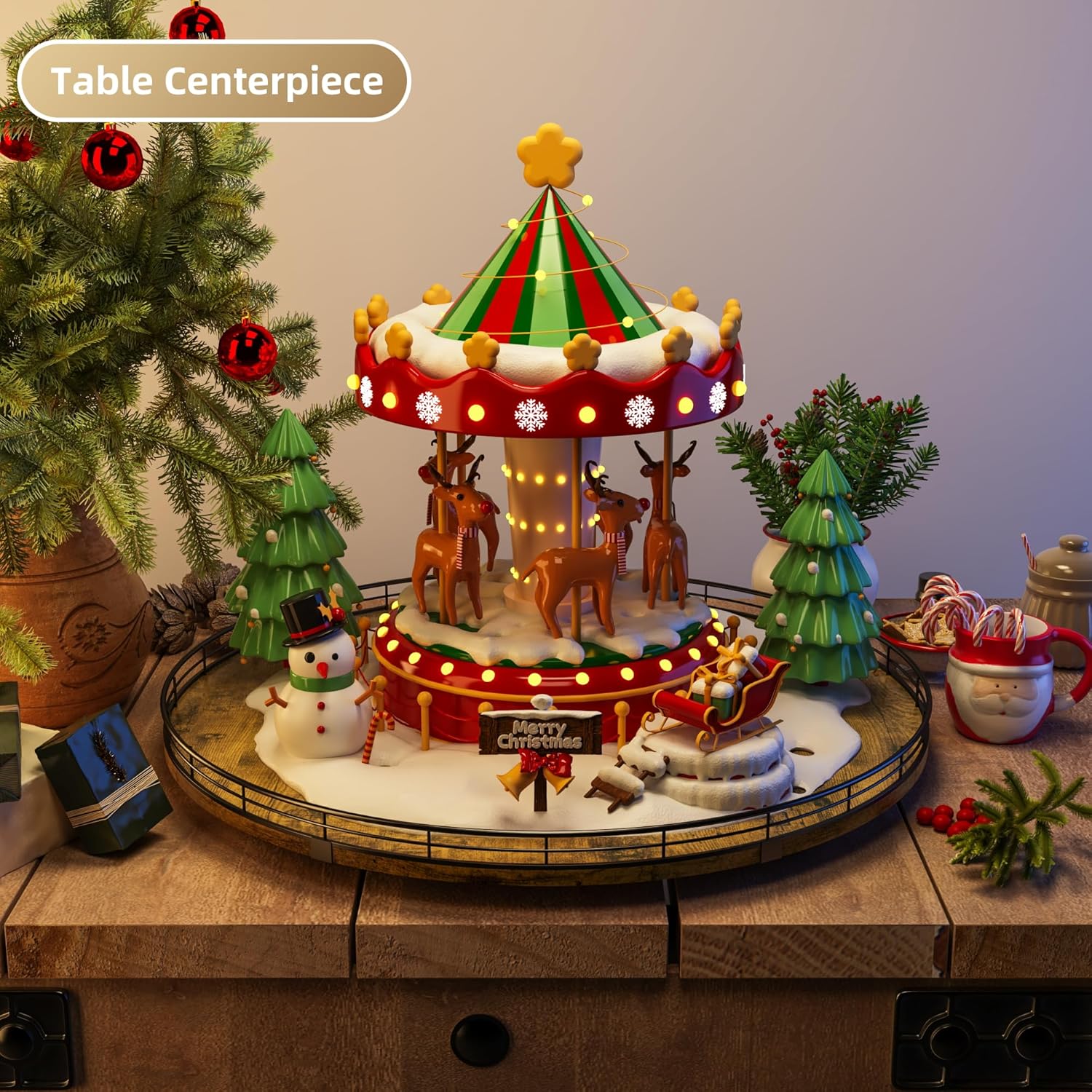 Lazy Susan Turntable Organizer for Table Top, 21’’ Round Wooden Lazy Susan for Cabinet Kitchen Countertop Pantry Dining Coffee Table for Condiments Spices, Rustic Bathroom Vanity Tray for Soap Candle