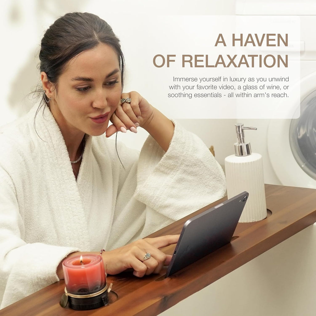 Tinamo Acacia Bathtub Caddy Tray Table | 39 x 9.75 x 2.5 Inch Large Bath Tub Tray Wooden | Anti-Tipping, Sustainable Tub Tray for Bathtub | Bathtub Accessories Holders for Bathtub (Acacia, 39x9.75)