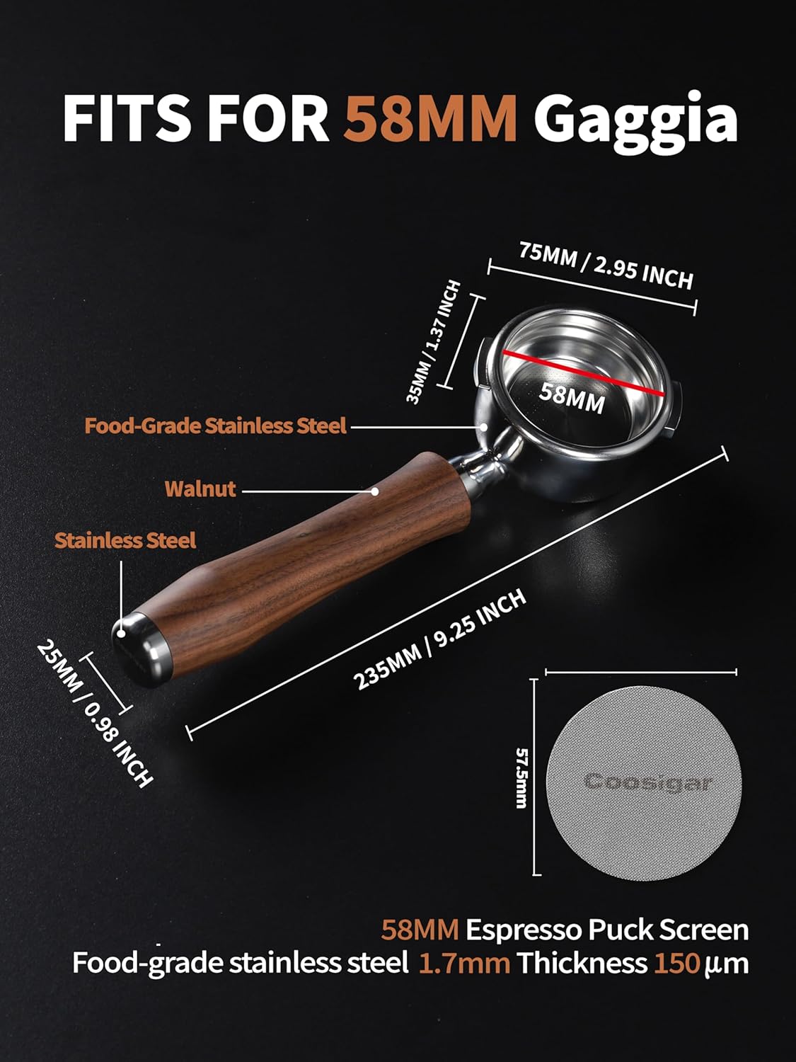 58mm Bottomless Portafilter | Fits for Gaggia machines| Stainless Steel portafilter and Walnut wood Handle|Espresso Machine Accessories(Walnut)