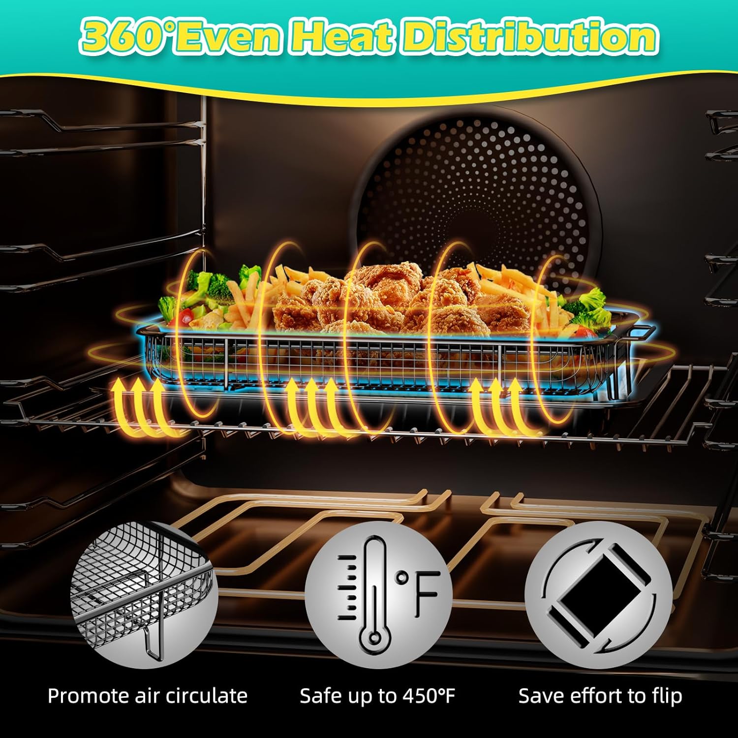 Air Fryer Basket for Oven, OPENICE 15.6" x 11.6" Air Fryer Tray and Pan Set with 30PCS Parchment Papers, Stainless Steel Oven Air Fryer Basket and Tray for Baking Grilling - Black