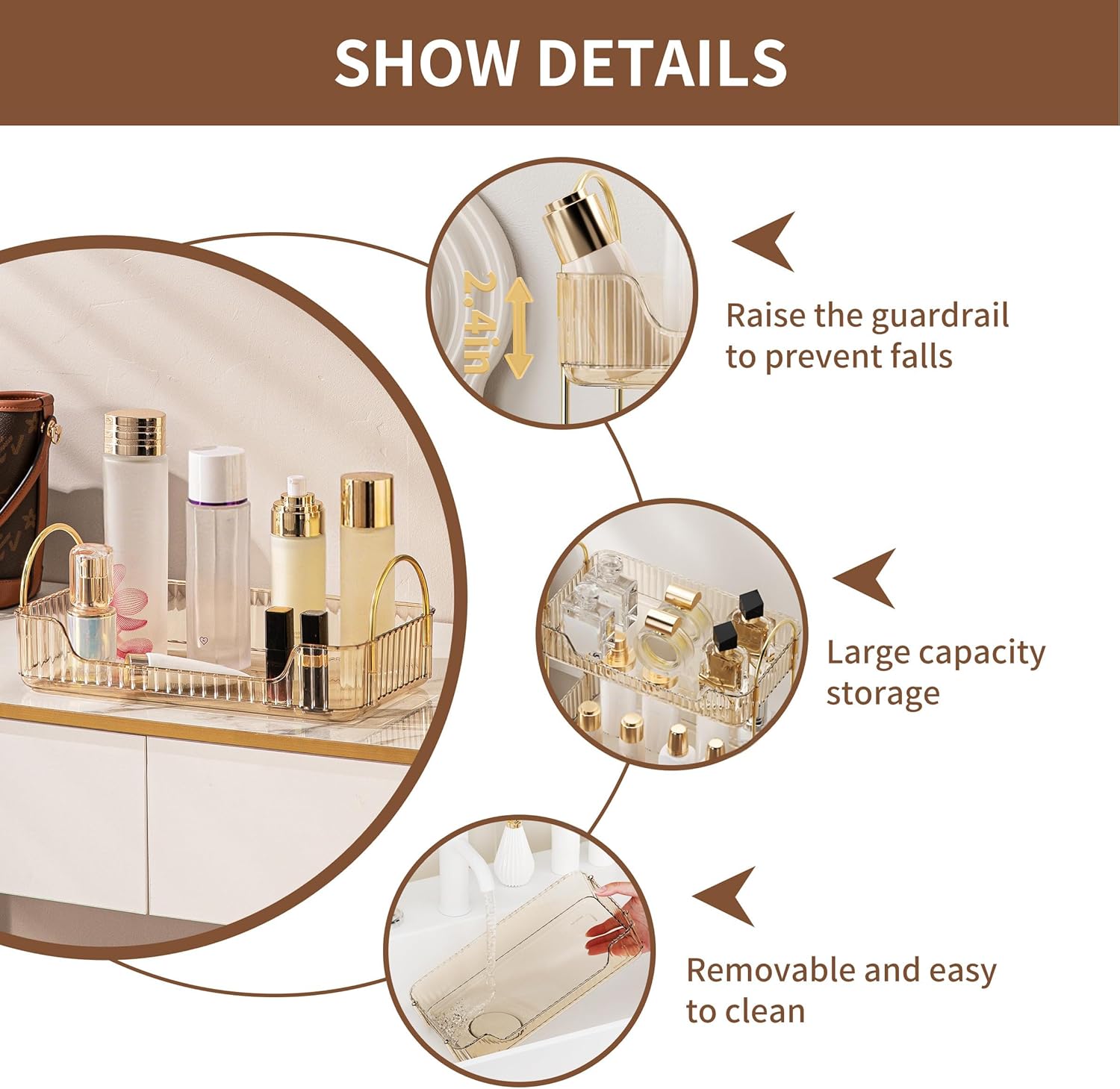 YCIA&DONE Bathroom Organizer Countertop, Makeup Storage, Skincare Cosmetic Tray Shelf, Perfume Holder Rack for Vanity Counter, Large Capacity, Easy to Install, Clean, 1 Tier, Amber Gold