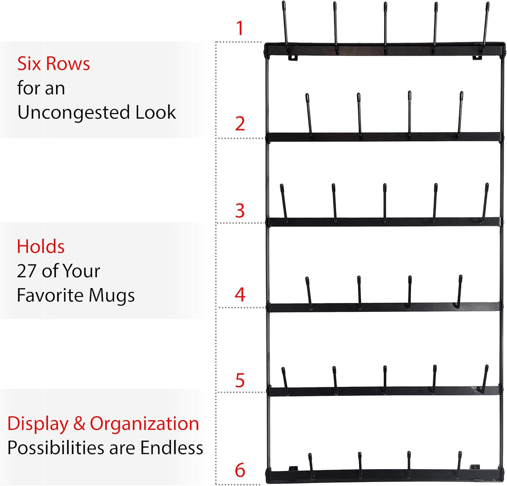 Wall Mounted Coffee Mug Rack - Large Rustic Black Iron Steel Kitchen Rack with 6 Rows - Storage for 27 Cups - Jar & Plate Holder - Vertical Display Organizer - Farmhouse Home Décor - Claimed Corner