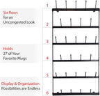 Wall Mounted Coffee Mug Rack - Large Rustic Black Iron Steel Kitchen Rack with 6 Rows - Storage for 27 Cups - Jar & Plate Holder - Vertical Display Organizer - Farmhouse Home Décor - Claimed Corner