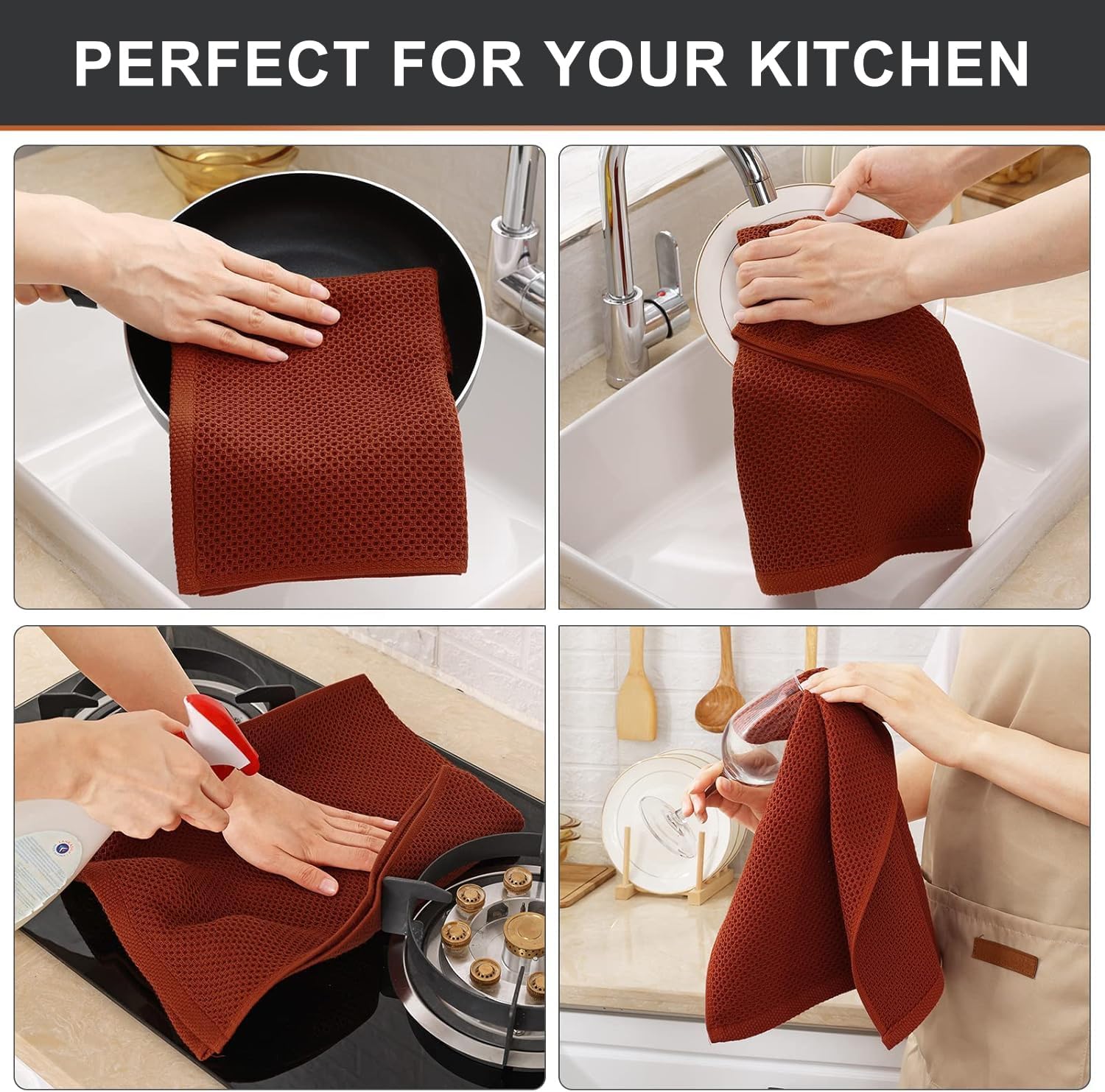 Kitinjoy 100% Cotton Waffle Weave Kitchen Towels, 4-Pack Super Soft and Absorbent Dish Towels for Drying Dishes, Kitchen Hand Towels, 13 in x 28 in, Rust