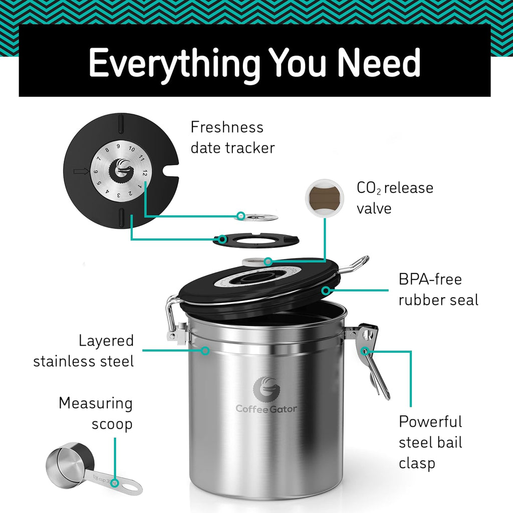 Coffee Gator Coffee Storage - 11oz Small Stainless Steel Tea and Sugar Containers - Stainless Steel Canisters with Date-Tracker, CO2 Valve for Freshness & Scoop - Silver