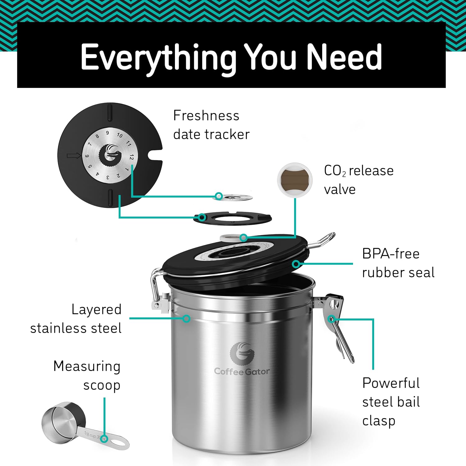 Coffee Gator Coffee Storage - 11oz Small Stainless Steel Tea and Sugar Containers - Stainless Steel Canisters with Date-Tracker, CO2 Valve for Freshness & Scoop - Silver