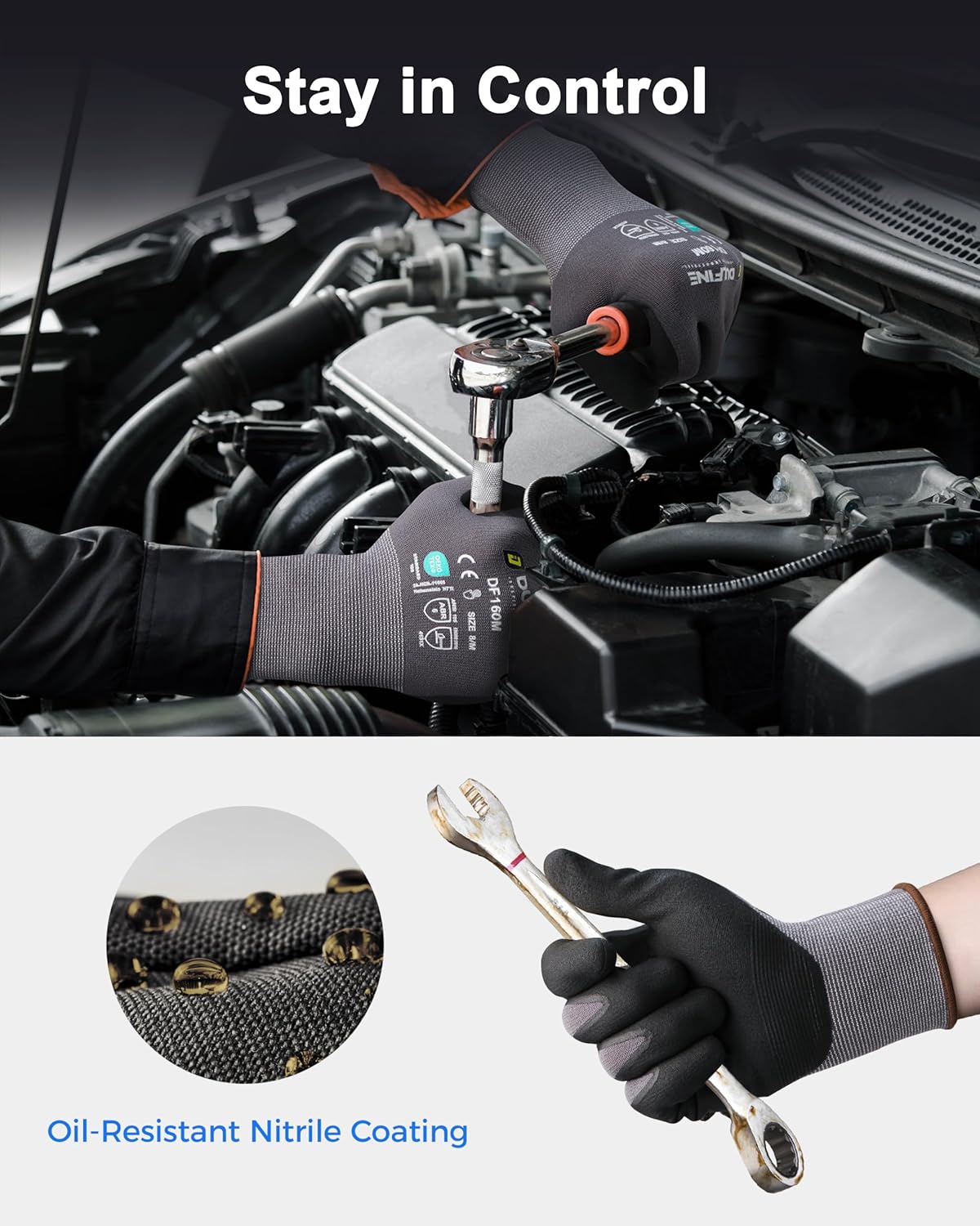 DULFINE Safety Work Gloves MicroFoam Nitrile Coated-6 Pairs Pack,Seamless Knit Nylon Glove with Black Micro-Foam Nitrile Grip,Ideal for General Purpose,Automotive,Home Improvement,Painting(Medium)