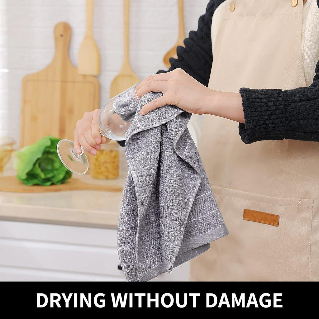 Homaxy 100% Cotton Terry Kitchen Towels(Light Grey, 13 x 28 inches), Checkered Designed, Soft and Super Absorbent Dish Towels, 12 Pack