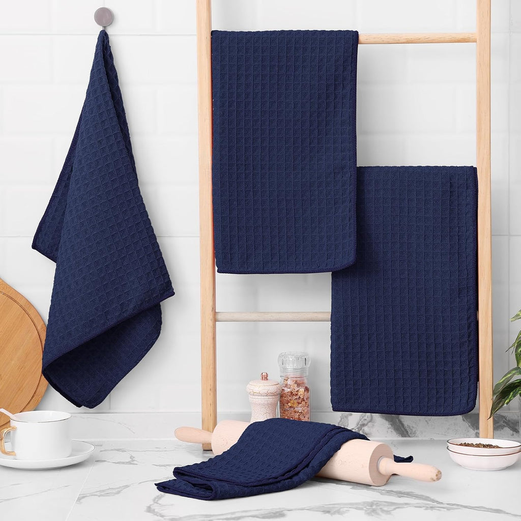 Homaxy Microfiber Waffle Weave Kitchen Towels, 16 x 28 Inch Ultra Absorbent and Solid Color Dish Towels, 8 Pack, Navy Blue