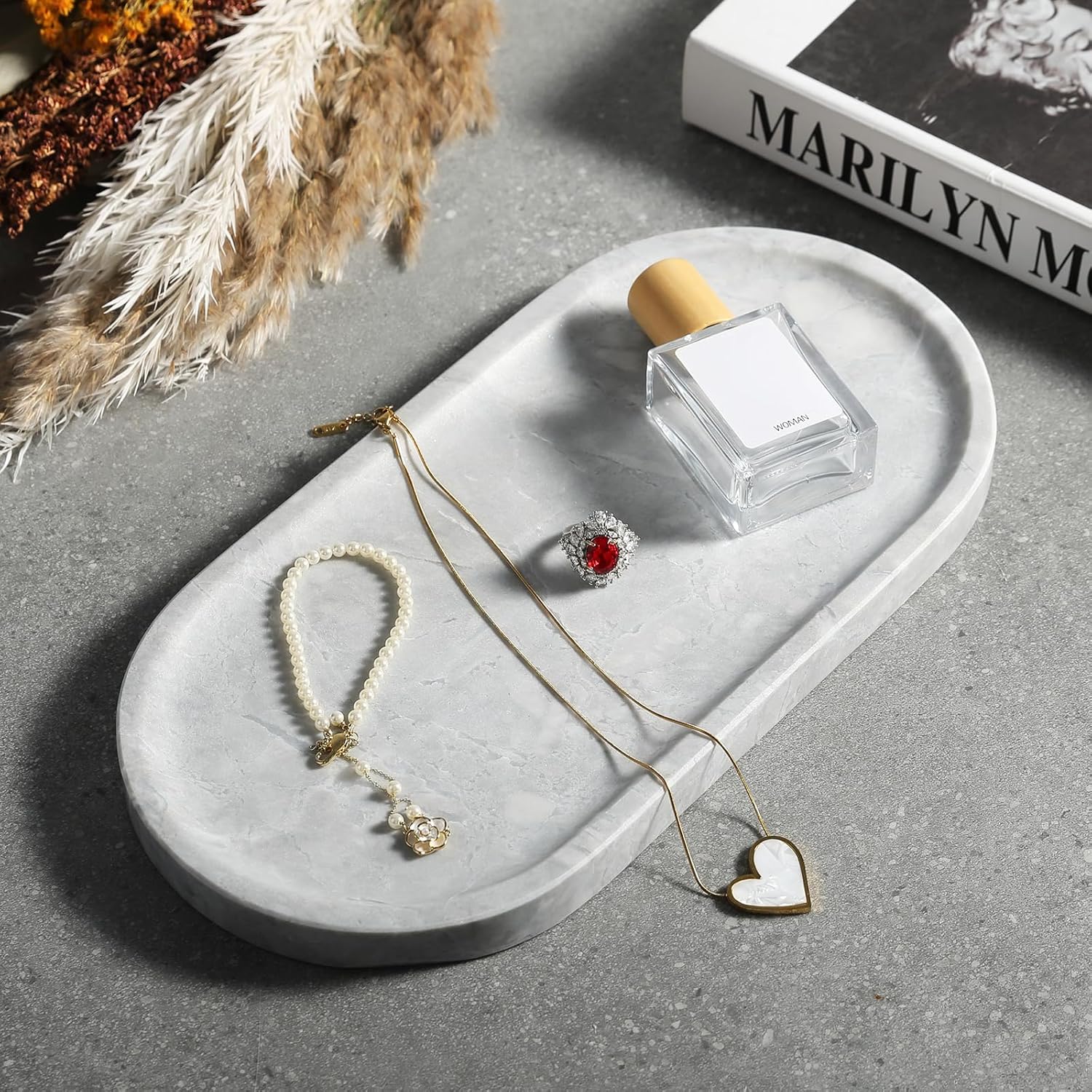 Koville Grey Marble Tray for Bathroom Countertop, 12"x6" Vanity Decorative Marble Tray for Dresser, Stone Catchall Trays for Perfume, Candles, Jewelry, Stone Gray Storage Trays for Home Decor