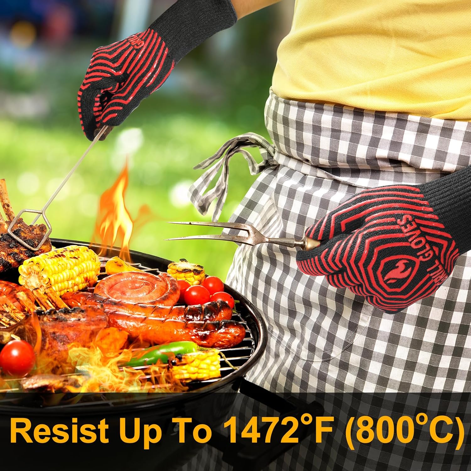 BBQ Gloves, BBQ Accessories 1472℉ Extreme Heat Resistant, Grilling Gloves Silicone Non-Slip Oven Mitts, Kitchen Gloves for BBQ, Grilling, Cooking, Baking-1 Pair 14inch