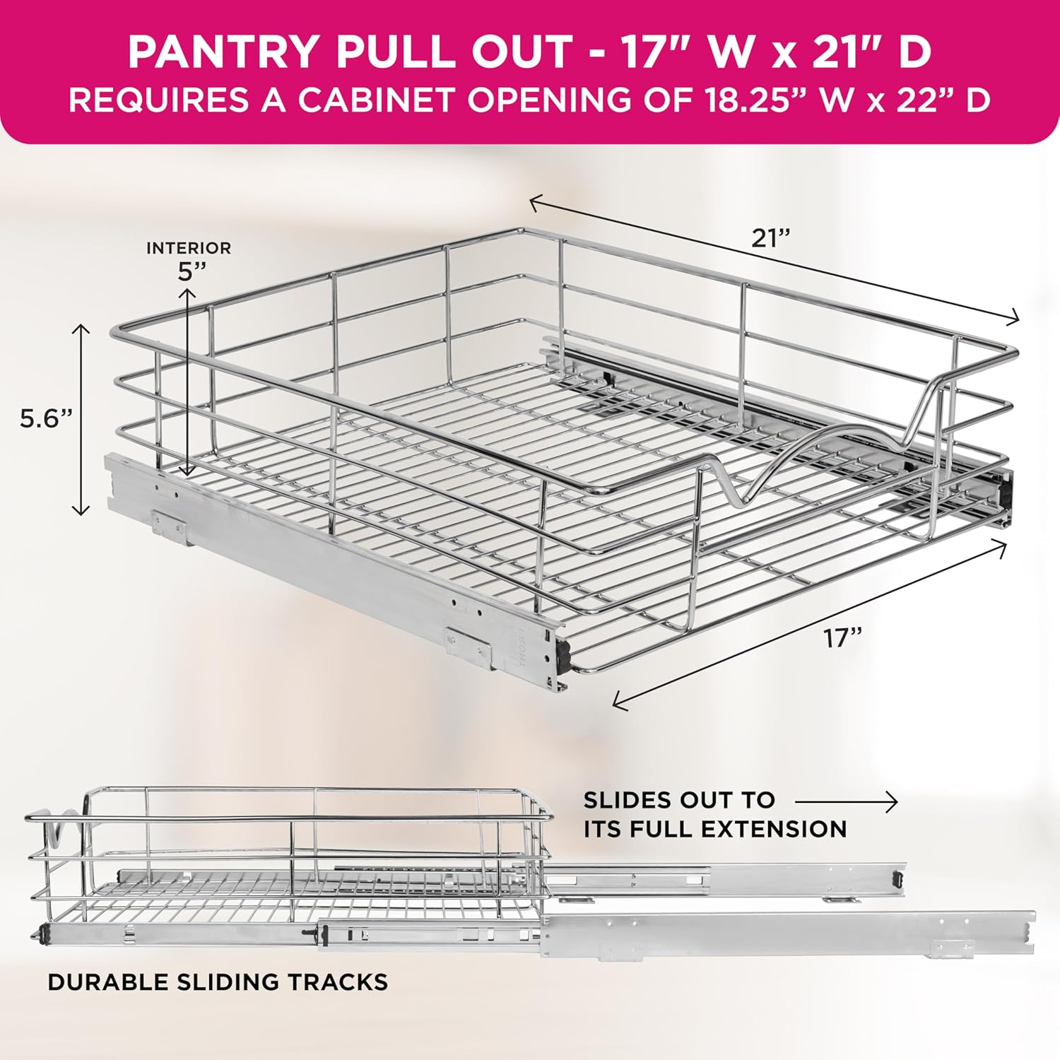 HOLDN’ STORAGE Heavy-Duty Premium Collection Pull Out Cabinet Organizer, Cabinet Drawer Slide Outs, Lifetime Limited Warranty - Basket Size 17" W x 21" D x 5" H, Anti-Rust Chrome Finish