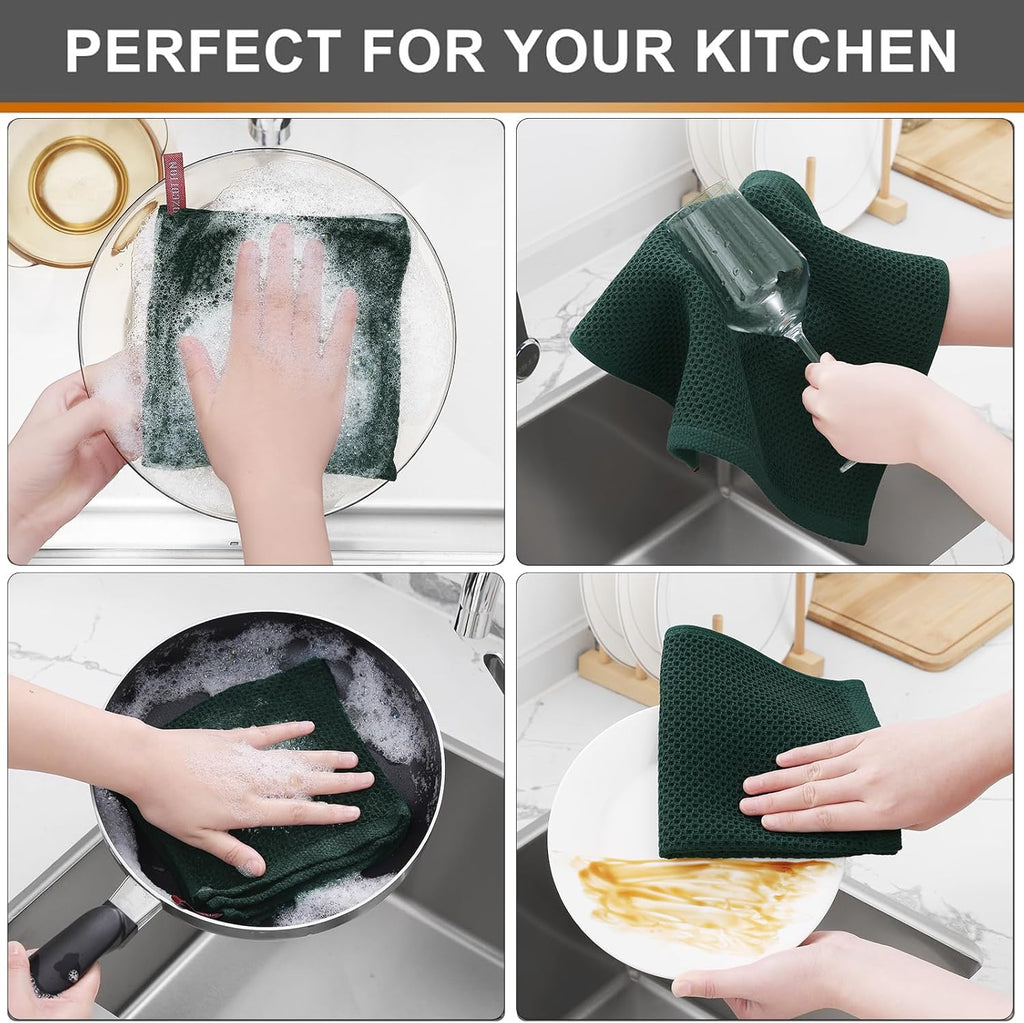 Kitinjoy 100% Cotton Kitchen Dish Cloths, 8 Pack Waffle Weave Ultra Soft Absorbent Dish Towels for Drying Dishes Quick Drying Kitchen Towels Dish Rags, 12 X 12 Inches, Blackish Green