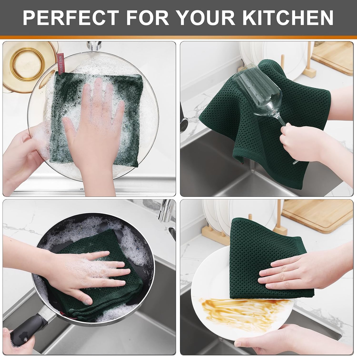 Kitinjoy 100% Cotton Kitchen Dish Cloths, 8 Pack Waffle Weave Ultra Soft Absorbent Dish Towels for Drying Dishes Quick Drying Kitchen Towels Dish Rags, 12 X 12 Inches, Blackish Green