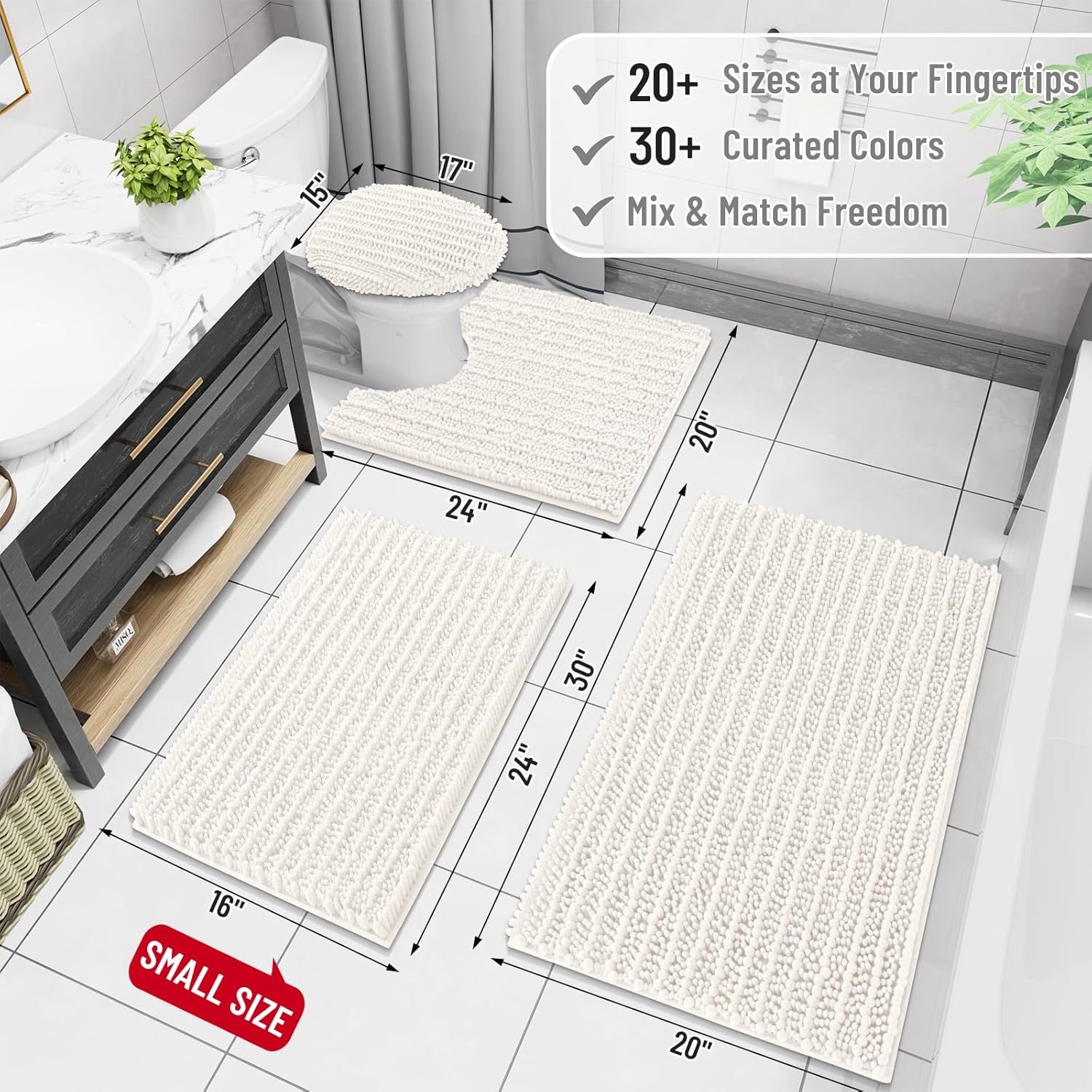 Arotive Luxury Chenille Bathroom Rug Mat, Extra Soft Thick Absorbent Shaggy Bath Rugs, Non-Slip Machine Wash Dry, Plush Bath Mats for Bathroom, Shower and Tub, 47x24, Ivory