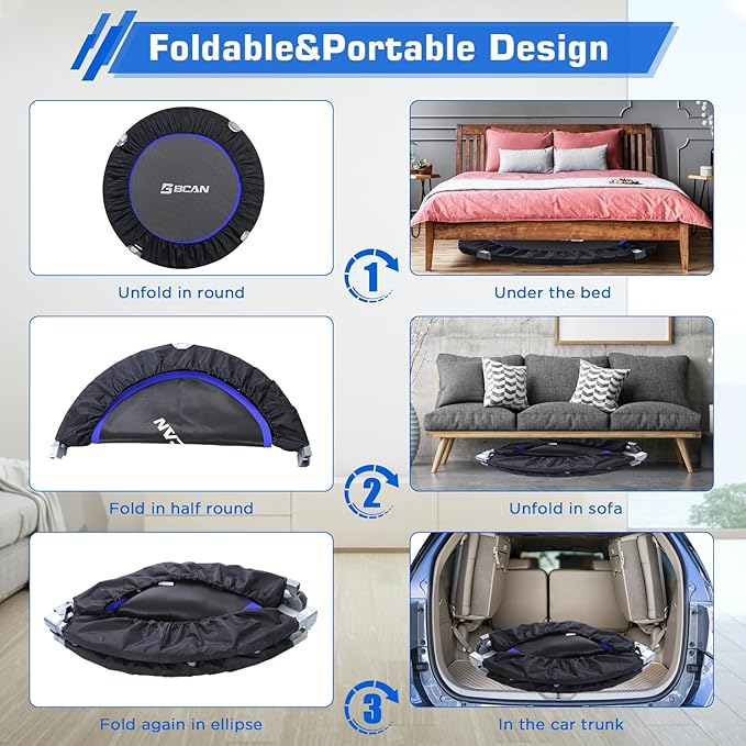 BCAN 38"/40''/48'' Foldable Mini Trampoline Fitness Trampoline with Safety Pad,Rebounder Exercise Trampoline for Adults Indoor/Garden Workout,Max Load 300lbs/440lbs