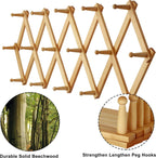 Dseap Accordian Wall Hanger: 16” High Wooden Wall Expandable Coat Rack, Hat Rack Holder, Accordion Hook for Baseball Caps, Coats, Mugs, 16 Peg Hooks, Natural