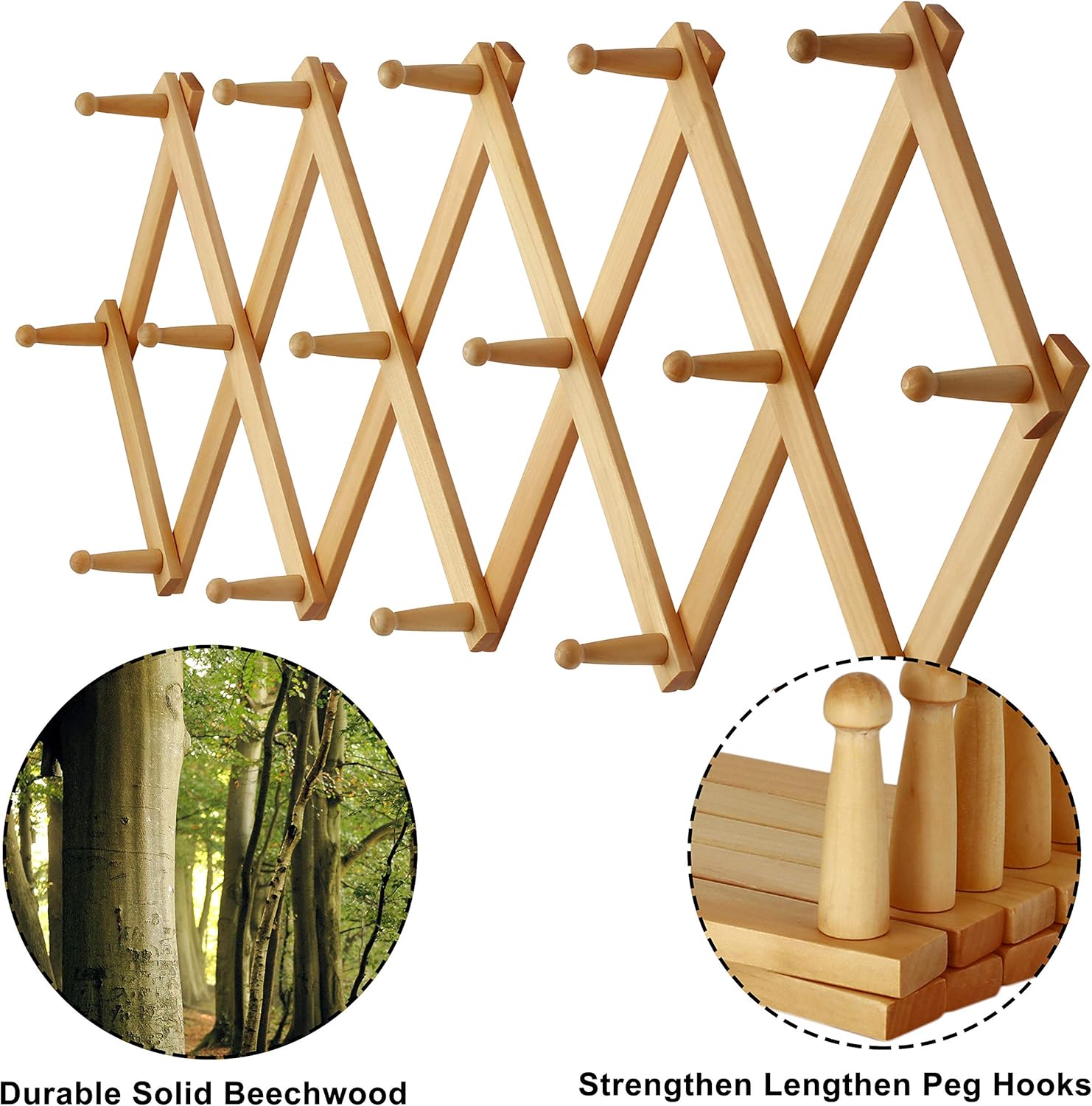 Dseap Accordian Wall Hanger: 16” High Wooden Wall Expandable Coat Rack, Hat Rack Holder, Accordion Hook for Baseball Caps, Coats, Mugs, 16 Peg Hooks, Natural