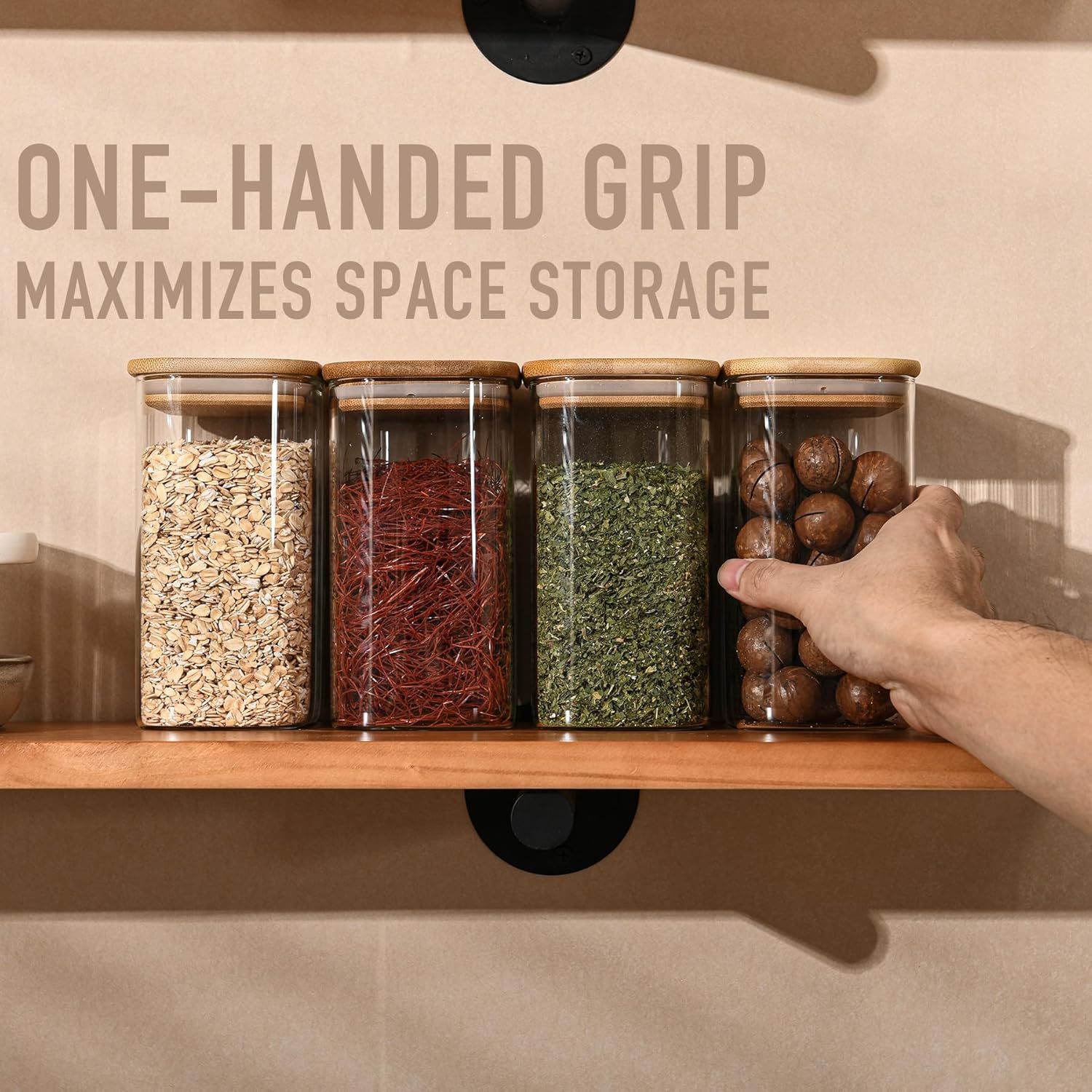 37oz Rectangle Airtight Glass Storage Containers with Bamboo Lids (Set of 4), Square Food Storage Jar, Pantry Organizers for Cereal, Nuts, Snacks and Coffee beans (‎with Black Lable)