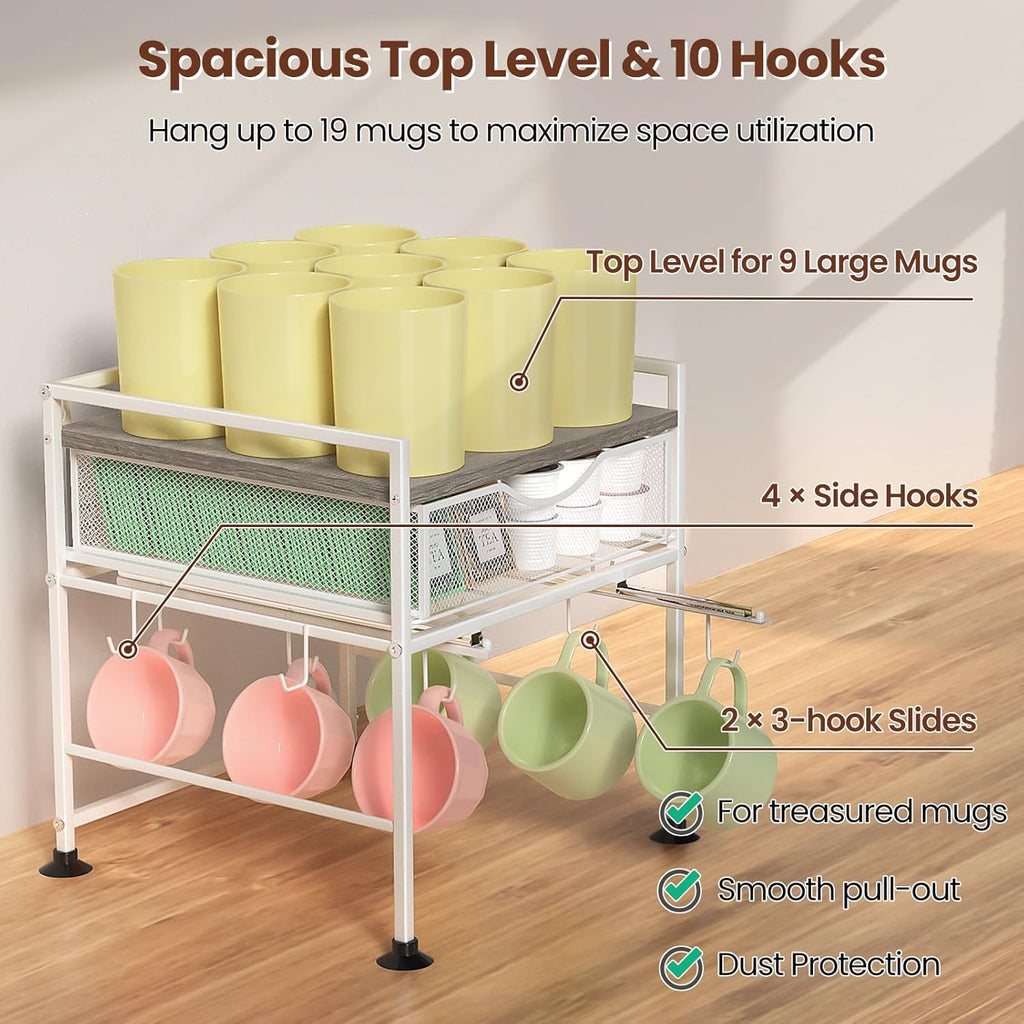 Coffee Bar Organizer Countertop, 2 Tier Mug Cup Holder Stand with 10 Hooks, 60 K Cup Coffee Pod Drawer with Mug Rack, Multifunctional Shelf Organizer for Kitchen, Grey