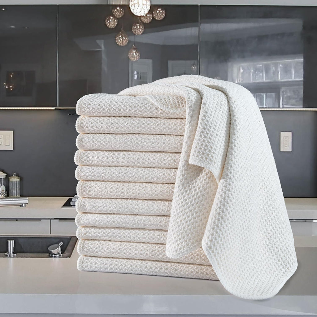 POLYTE Premium Microfiber Kitchen Dish Hand Towel Waffle Weave 12 Pack (16x28 in, Off White)