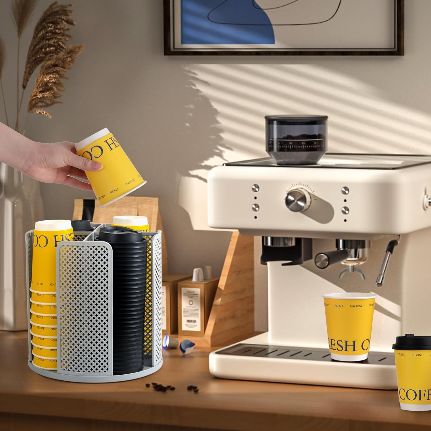 4-Compartment Rotating Paper Cup Holder & Coffee Cup Lid Storage Dispenser, Plastic Cup Dispenser Removable, Space-Saving Countertop Cup Holder for Coffee Bars, Kitchens (Grey)