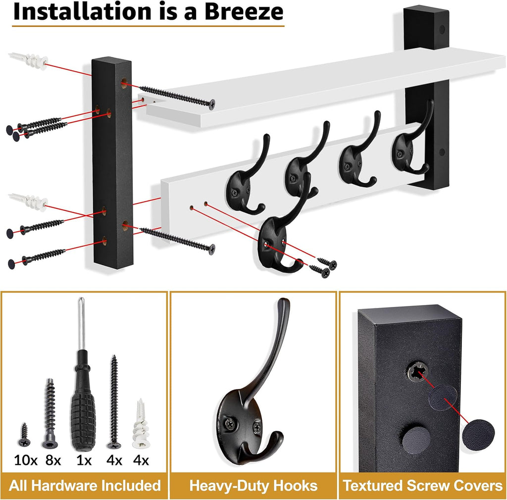 Sorbus Coat Hooks Wall Mount with Shelf – 24 Inch Coat Rack Wall Mount with 5 Heavy Duty Hooks – Floating Wall Shelf with Hooks for Entryway, Bathroom, Bedroom, Kitchen, or Mudroom (White)