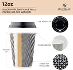 [100 SET]Harvest Pack 12 oz Disposable Coffee Cups, Insulated Ripple Double-Walled Paper Cups with Lids, Black and White Geometric, Drinking Cups for Tea Hot Chocolate Drinks To go coffee cups