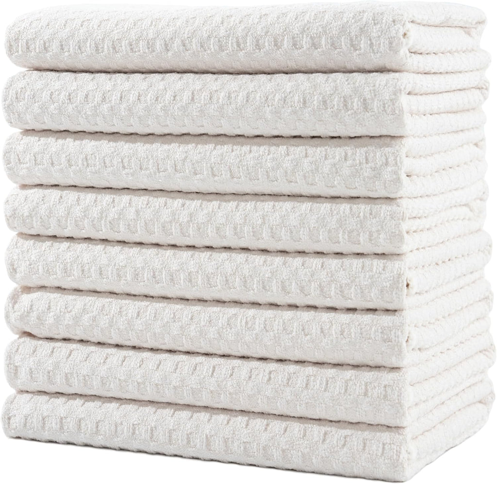 POLYTE Ultra Premium Microfiber Kitchen Dish Hand Towel Waffle Weave, 8 Pack (16x28 in, Off White)