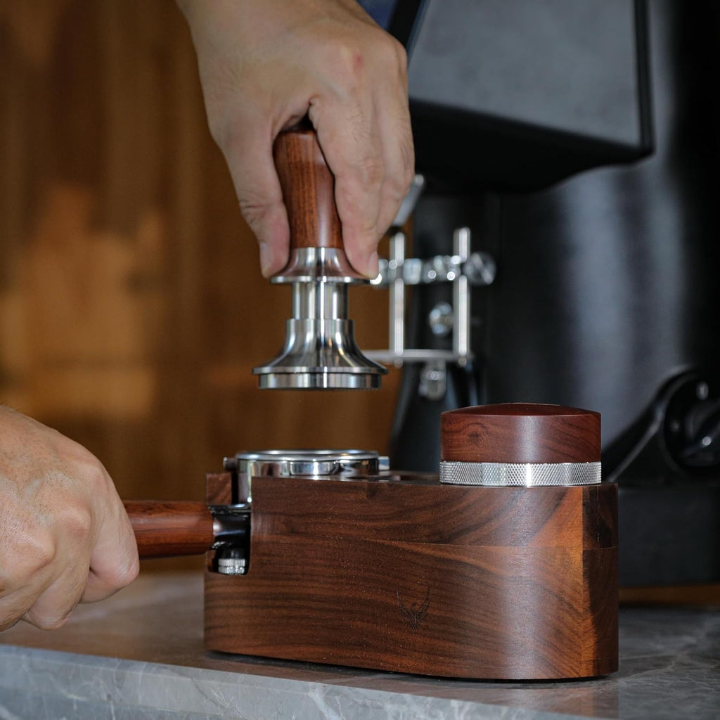 58mm Espresso Tamper Station Rosewood KNODOS Espresso Machine Accessories For Coffee Bar Wooden Coffee Tamping Box and Portafilter Holder