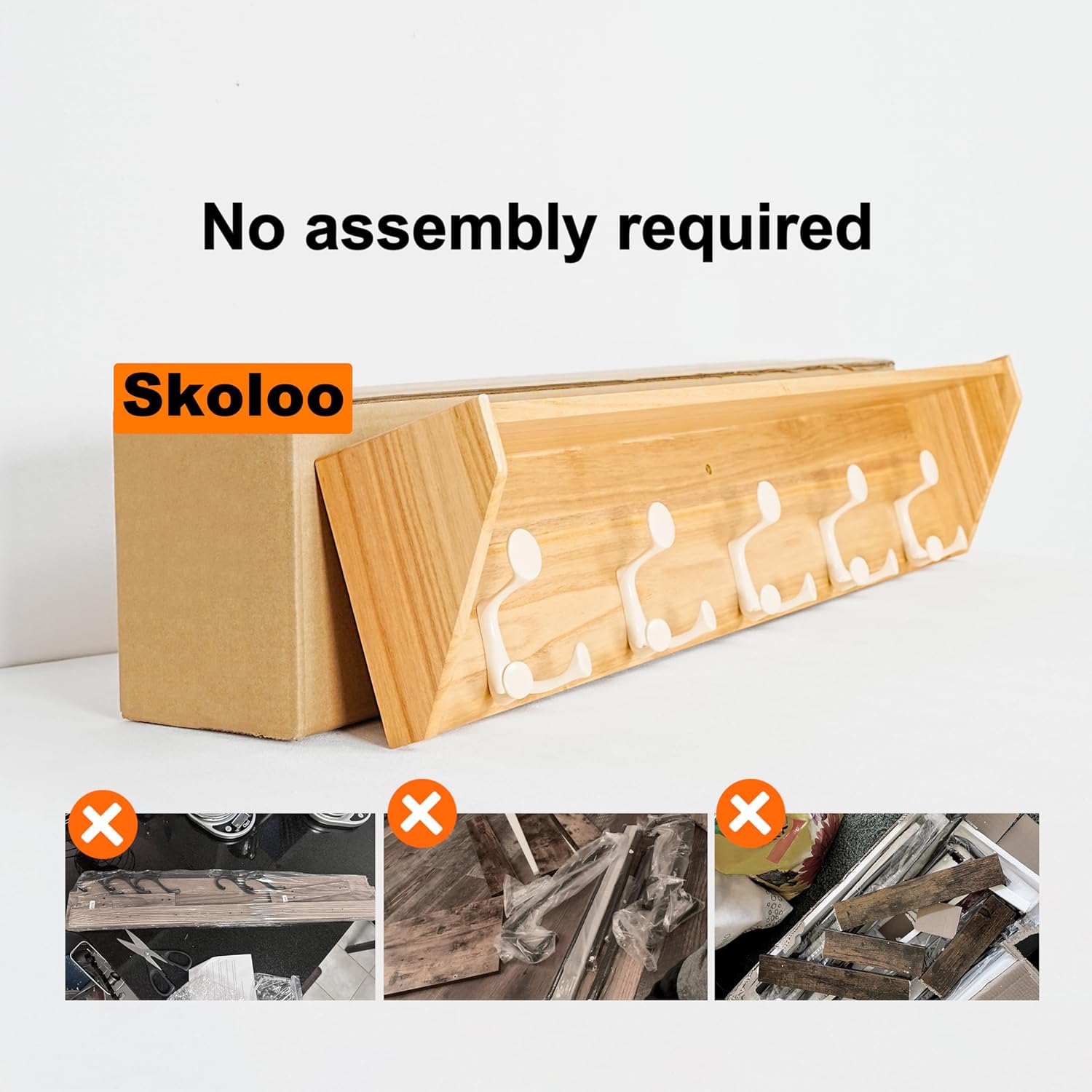 SKOLOO Wall Shelf with Hooks, 24-Inch Coat Rack Wall Mount with Shelf Organizer - Lightweight & Sturdy, 5 Tri Hooks - Perfect for Entryway, Hallway, Living Room, Bedroom, Mudroom, Natural & White