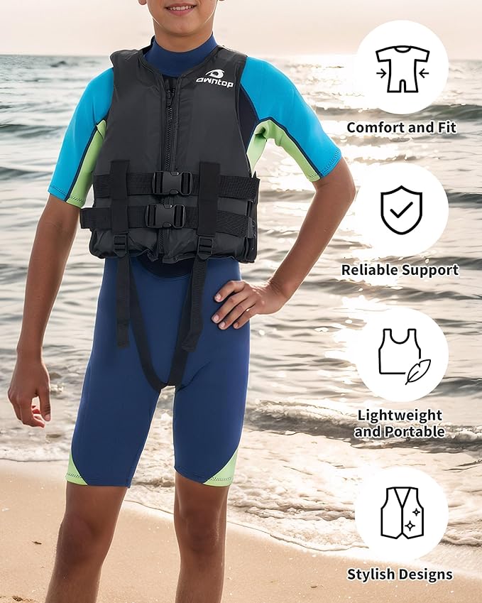 Owntop Kids and Adult Swim Jackets 50 to 125 lbs Dual Buckles, Zipper and Crotch Strap Ski Vest Lightweight PFD Perfect for Kayaking, Fishing, Paddle Board
