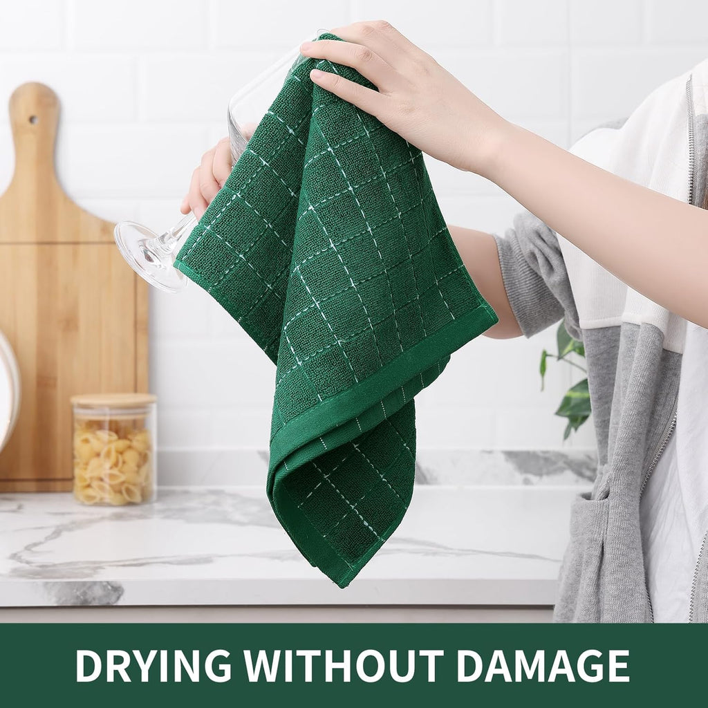 Homaxy 100% Cotton Terry Kitchen Towels(Dark Green, 13 x 28 inches), Checkered Designed, Soft and Super Absorbent Dish Towels, 12 Pack