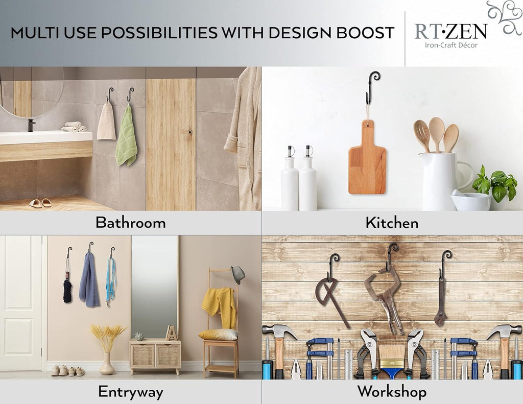 RTZEN Wall Mount Hook Set - Wrought Iron Decorative Rustic Metal Coat Hooks for Hanging - Handcrafted Classic Farmhouse Wall Mounted Black Hooks for Towel Robe or Hat Hanging - 3 Pack