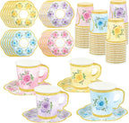 24 Sets Floral Paper Tea Cups and Saucers Disposable Tea Party Supplies Colorful Flower Teacups with Handle and Plates for Hot Cold Drink Wedding Birthday Party Baby Shower