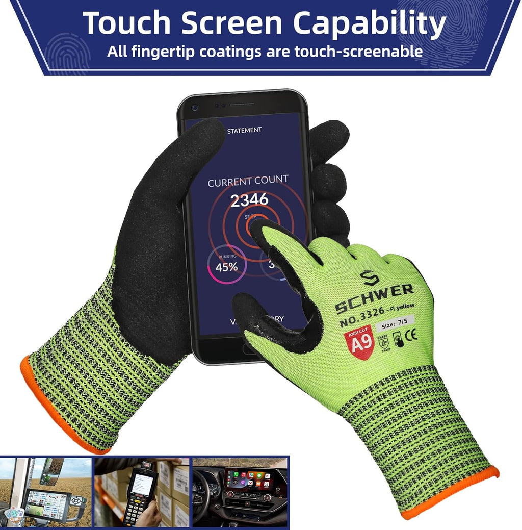 Schwer ProGuard Highest Level Cut Resistant Work Gloves PR3326 for Extreme Protection，ANSI A9 Cut Gloves with Reinforced Thumb, Non Slip, Breathable, Cooling, Durable, Touch-screen, Yellow 1 Pair（XL）