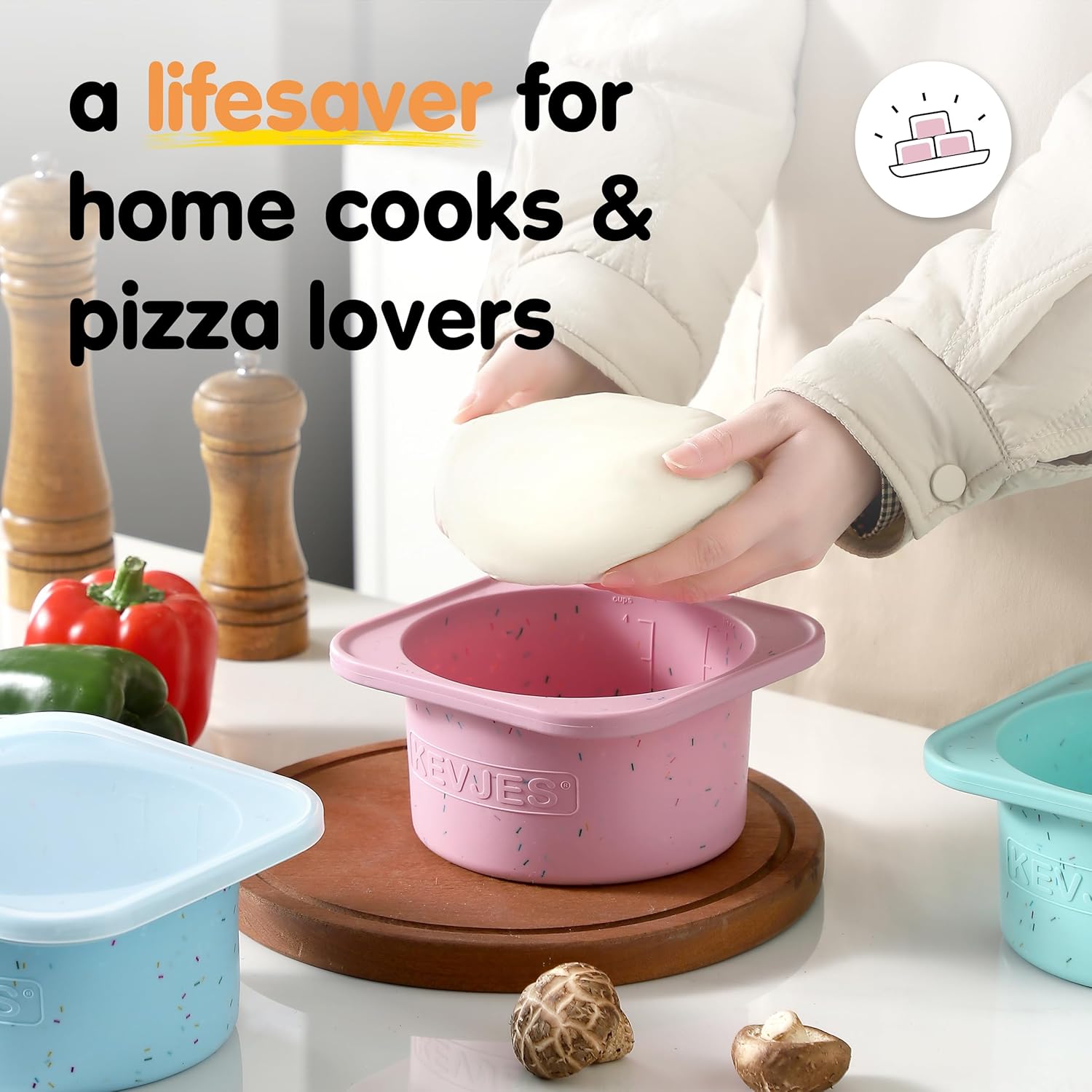 PLUS 1000ml Pizza Dough Proofing Containers for DIY family Artisan Pizza, Food Grade Silicone Stackable Boxes with Lids, Freezer, Fridge, Dishwasher Safe-Sprinkles Pattern-3 Pack (Cotton Candy)