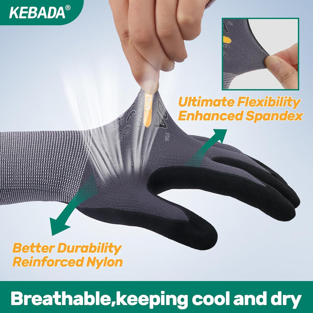 Kebada W2 Safety Work Gloves, Micro-Foam Nitrile Coated Gloves, Touchscreen,Ideal for Package Handling, Gardening, Construction, 1 Pair Small