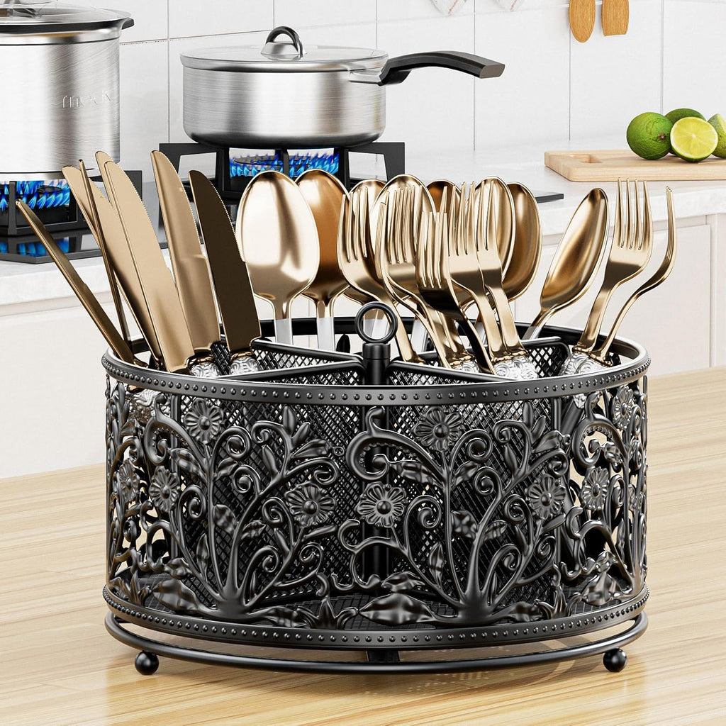 360° Rotating Utensil Caddy - Silverware Cutlery Caddy Holder with 4 Compartment, Metal Flatware Organizer Countertop with Handle for Party Camping Picnic, Kitchen Counter, Office (Black)