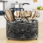 360° Rotating Utensil Caddy - Silverware Cutlery Caddy Holder with 4 Compartment, Metal Flatware Organizer Countertop with Handle for Party Camping Picnic, Kitchen Counter, Office (Black)