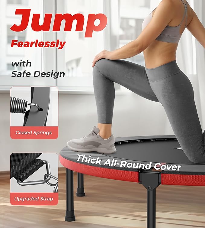 BCAN 40"/48" Foldable Mini Trampoline, Rebounder Trampoline for Adults, U/T Shape Adjustable Foam Handle, Exercise Rebounder for Adults Indoor/Garden Workout, Max Load 330lbs/440lbs