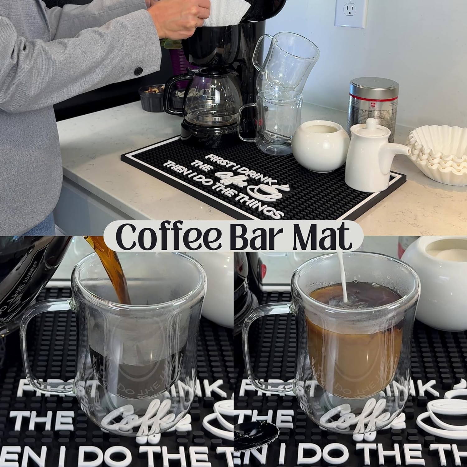 Coffee Matt for Counter First I Drink The Coffee Then I Do The Things 18x12 in, Non-Slip Silicone Espresso Maker Mat for Countertops, Aloha, Hawaiian and Luau Tiki Bar Decor and Tiki Decorations