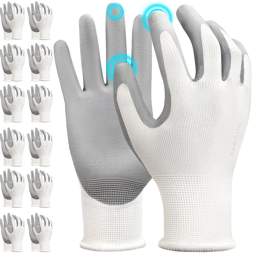 Kebada W1 Work Gloves for Men and Women, 12 Pairs Touchscreen Safety Gloves with Grip, PU-Coated, Ideal for Light & Medium Duty Tasks, White, Large