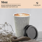 [85 SET]Harvest Pack 16 oz Coffee Cups, Disposable Insulated Coffee Cups, Ripple Double-Walled Paper Cups with Lids, Black and White Geometric, Drinking Cups for Tea Hot Chocolate Drinks To go