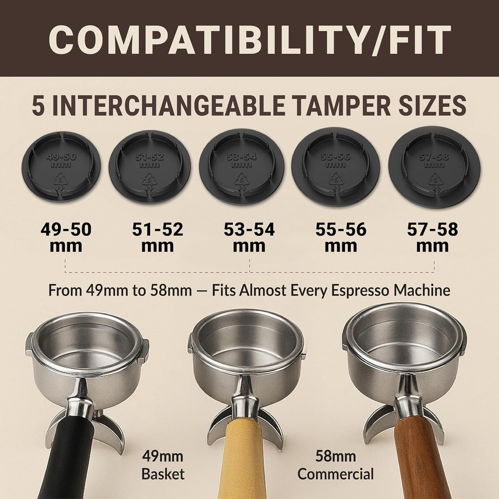 Koffee Zen Espresso Tamper Set, 5 Interchangeable Sizes (49–58mm), Dual Coffee Scoop (1 & 2 TBSP), Fits Breville, Delonghi & More
