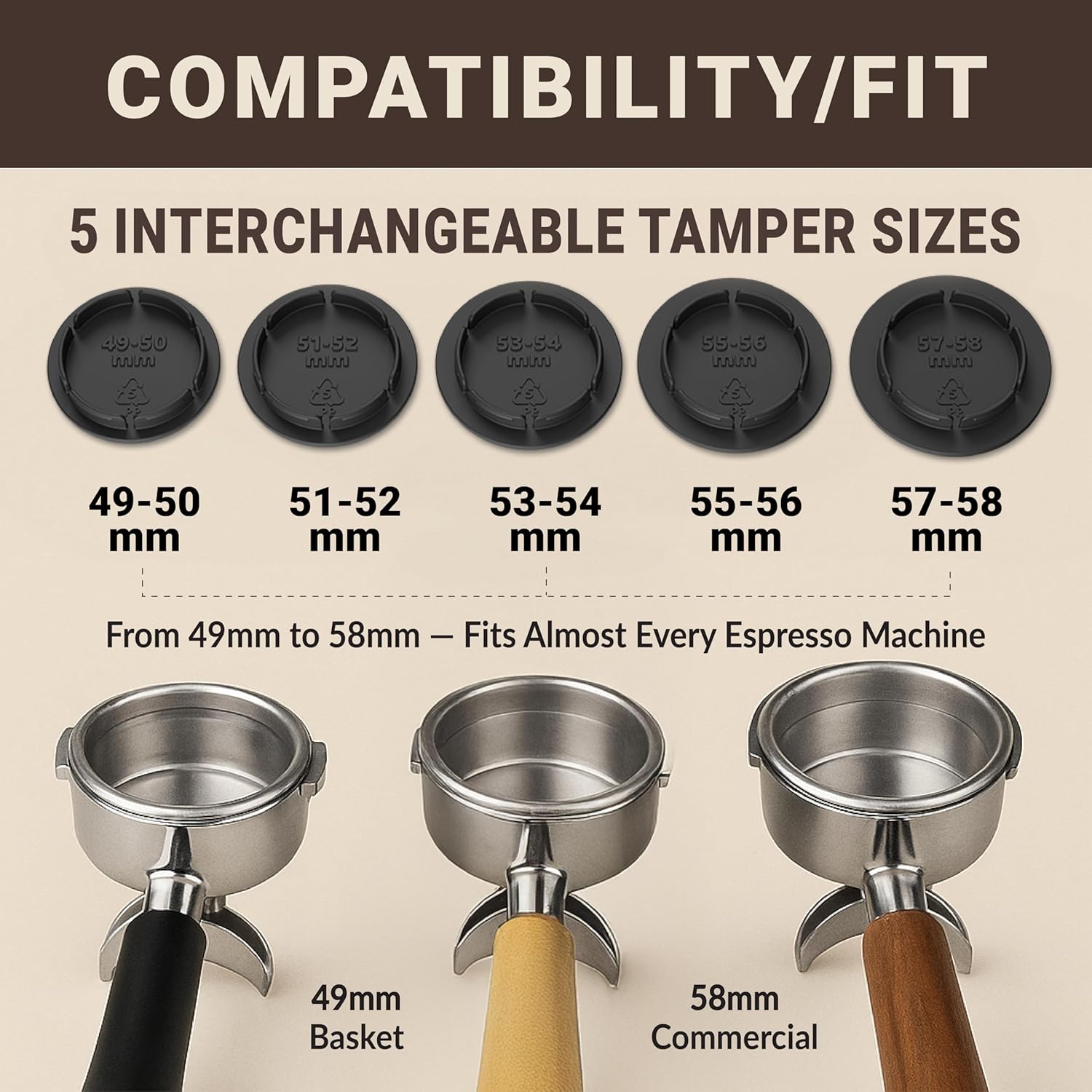 Koffee Zen Espresso Tamper Set, 5 Interchangeable Sizes (49–58mm), Dual Coffee Scoop (1 & 2 TBSP), Fits Breville, Delonghi & More