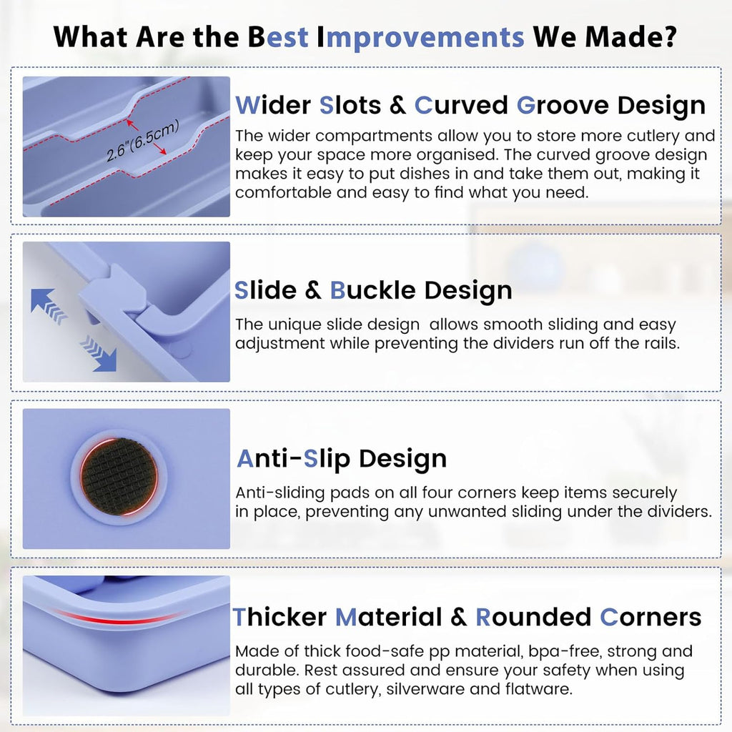 Caperci Large Silverware Organizer for Kitchen Drawer & Utensils - Expandable Drawer Organizer for Cutlery, Flatware & Gadget, BPA-Free Thick Plastic, Wider Compartments & Non-skid Feet (Breezy Blue)