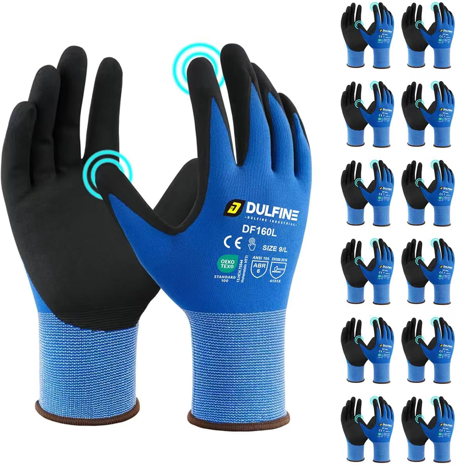 Safety Work Gloves MicroFoam Nitrile Coated-12 Pairs Pack,Blue Seamless Knit Nylon Glove with Black Micro-Foam Nitrile Grip,Ideal for General Purpose,Automotive,Home Improvement,Painting(Small)